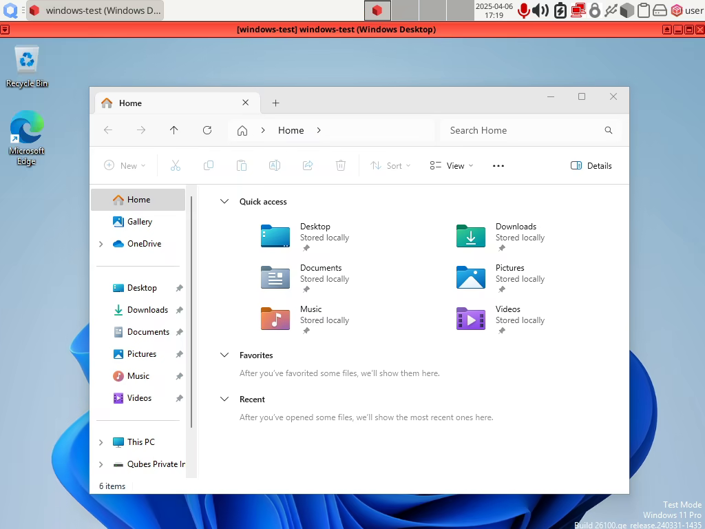 Windows 11 within an HVM qube showing file explorer