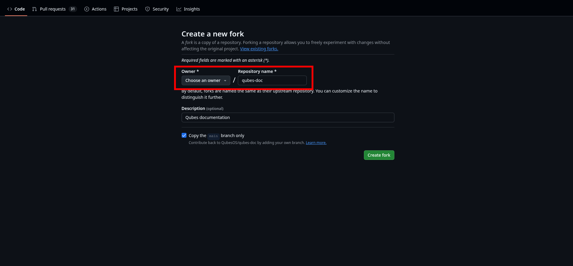 Highlights the Create Fork Button on GitHub when forking the qubes-doc repository
