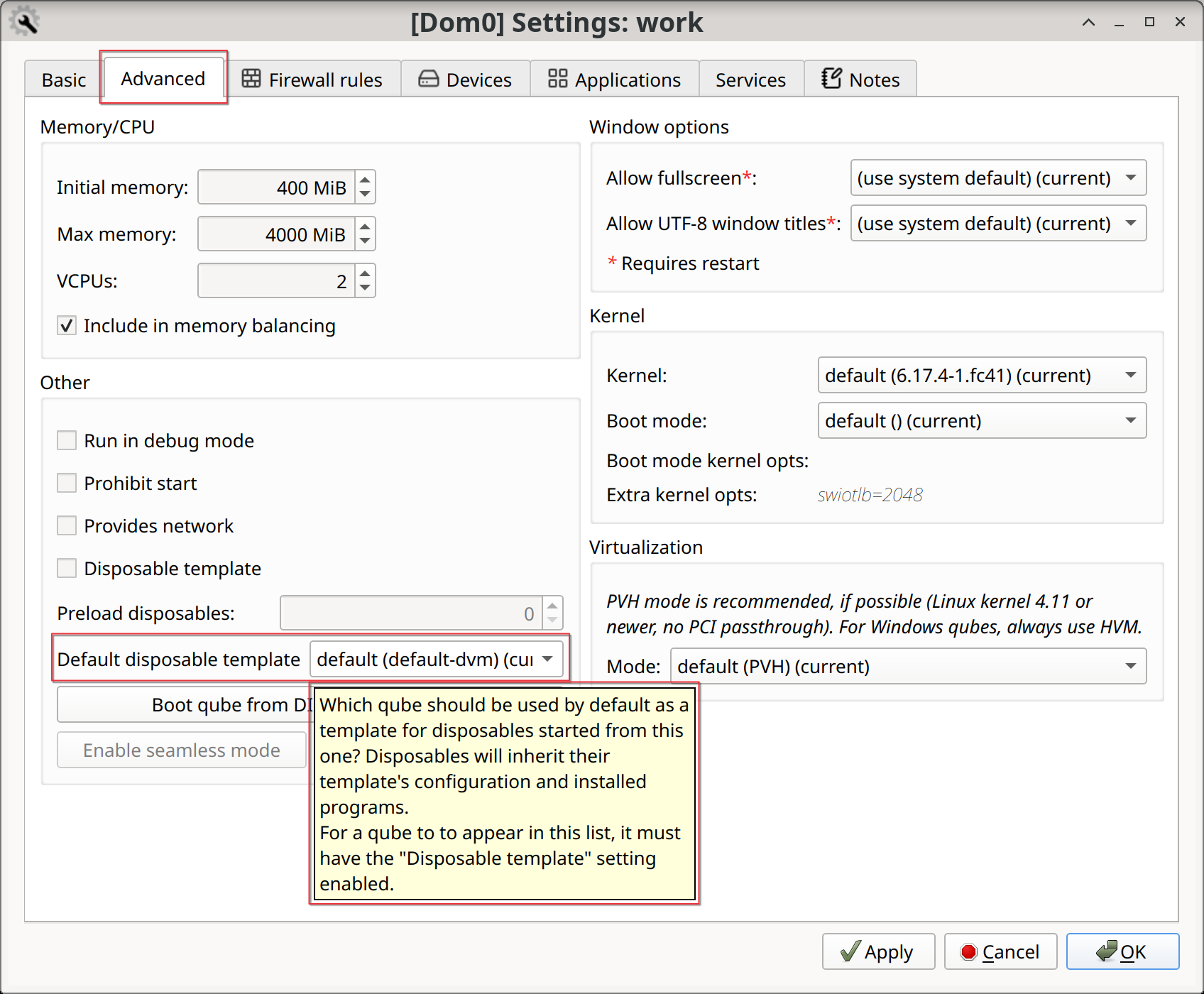 Qube settings of ``work`` with qube's default disposable template item emphasized.