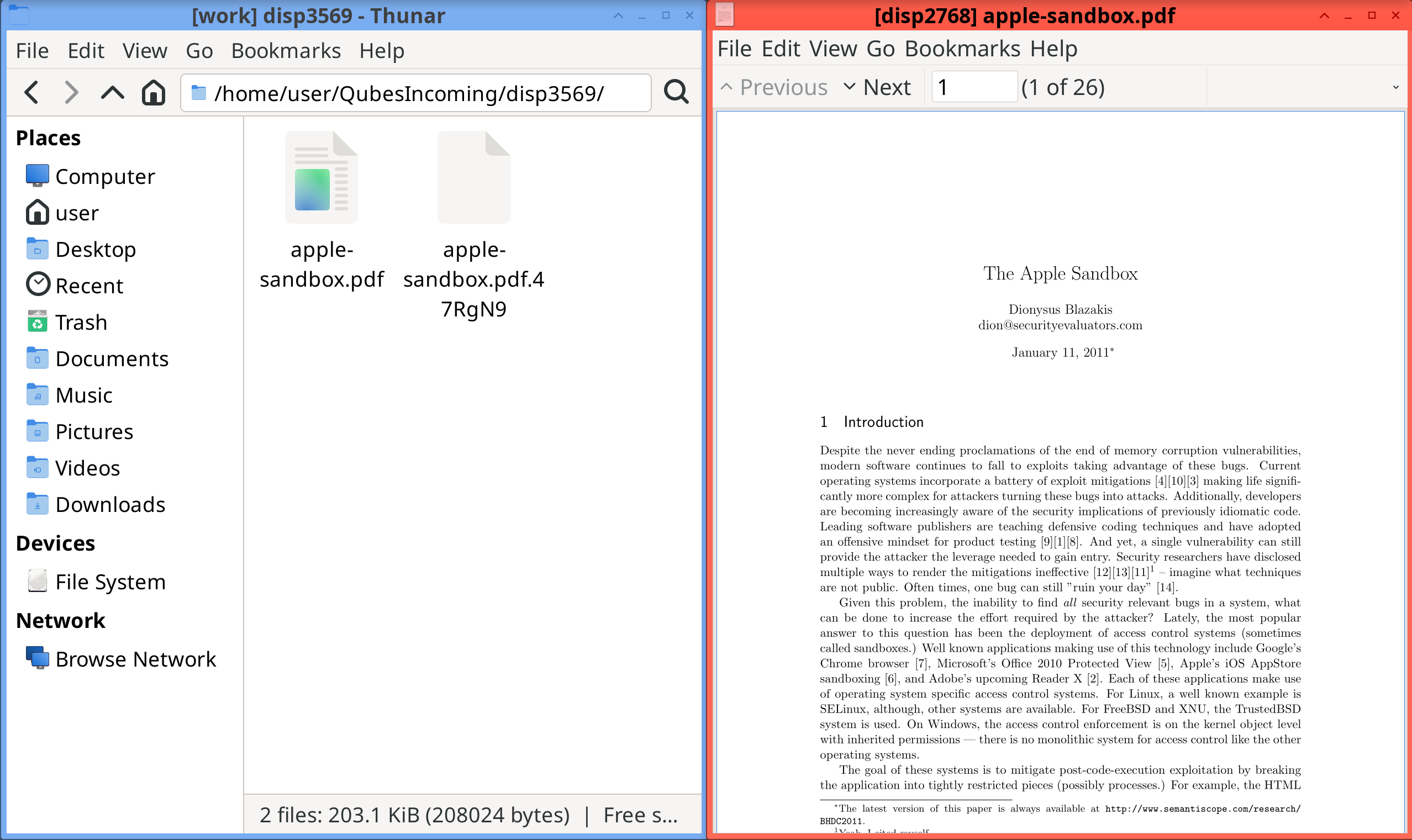 PDF viewer opened in a disposable qube with the PDF the user selected to edit.