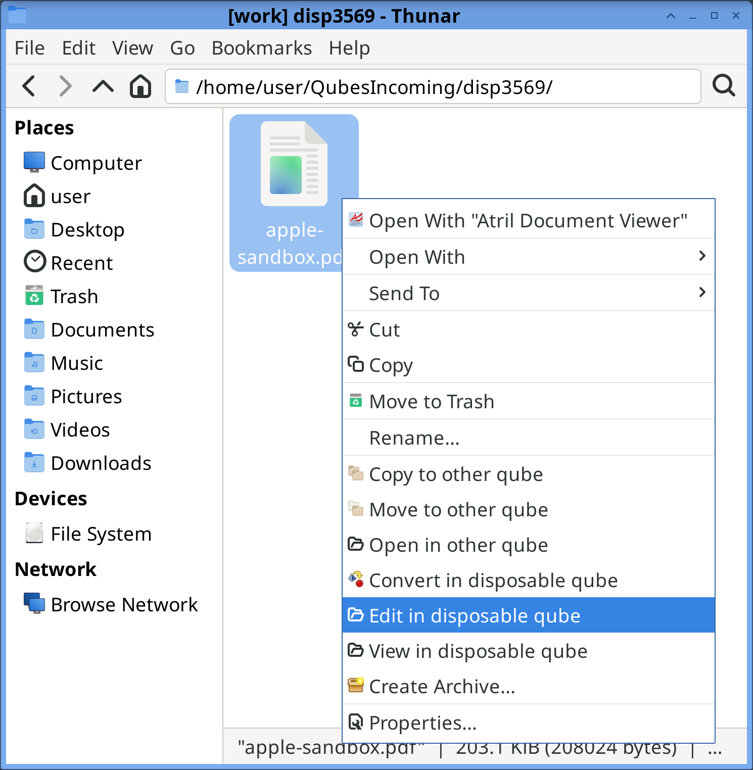 App qube file manager context menu being used to edit a PDF in a disposable qube.